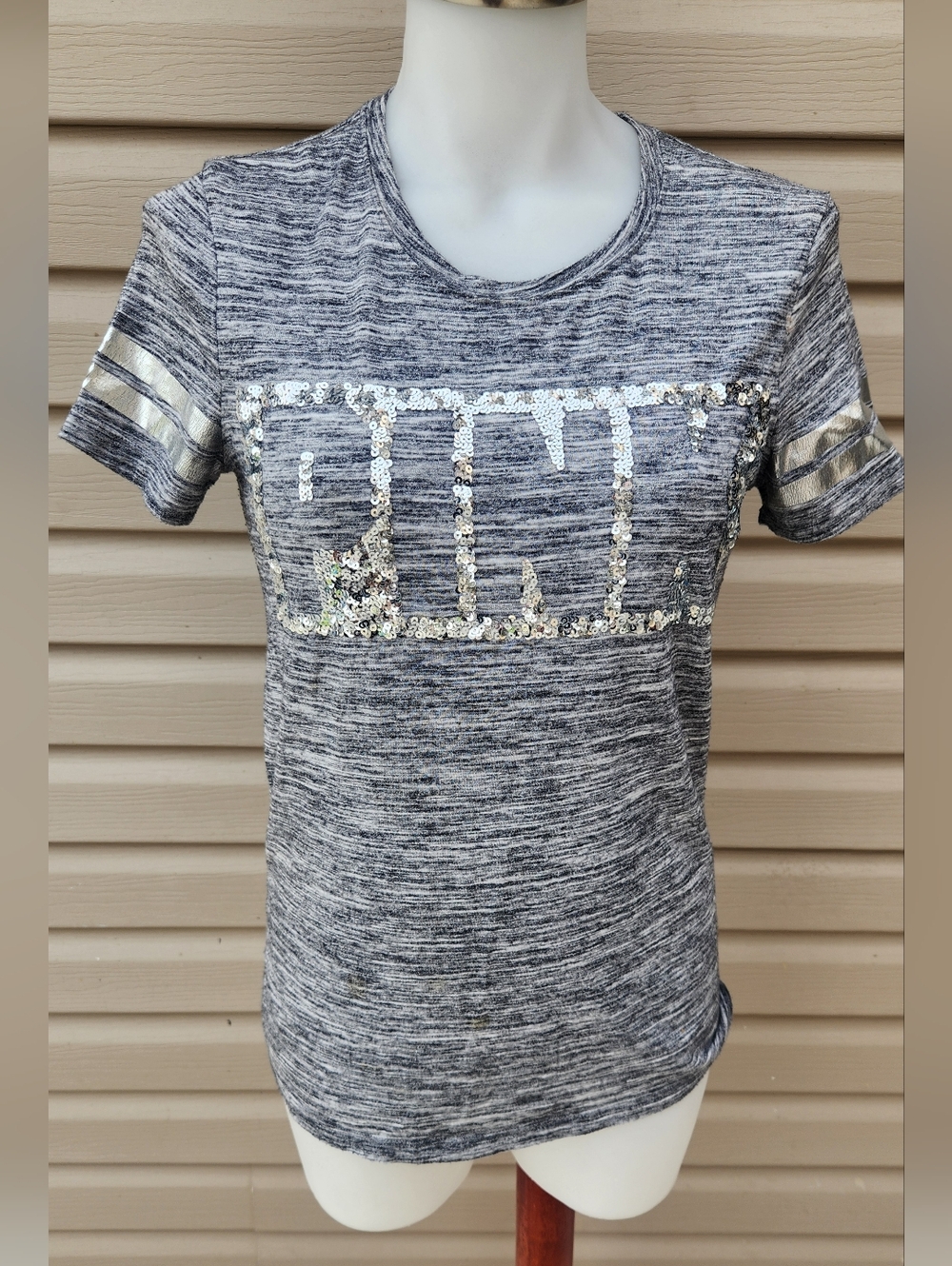 PINK Victoria's Secret Gray Marled Sequin Logo Tee with Metallic Sleeve Stripes